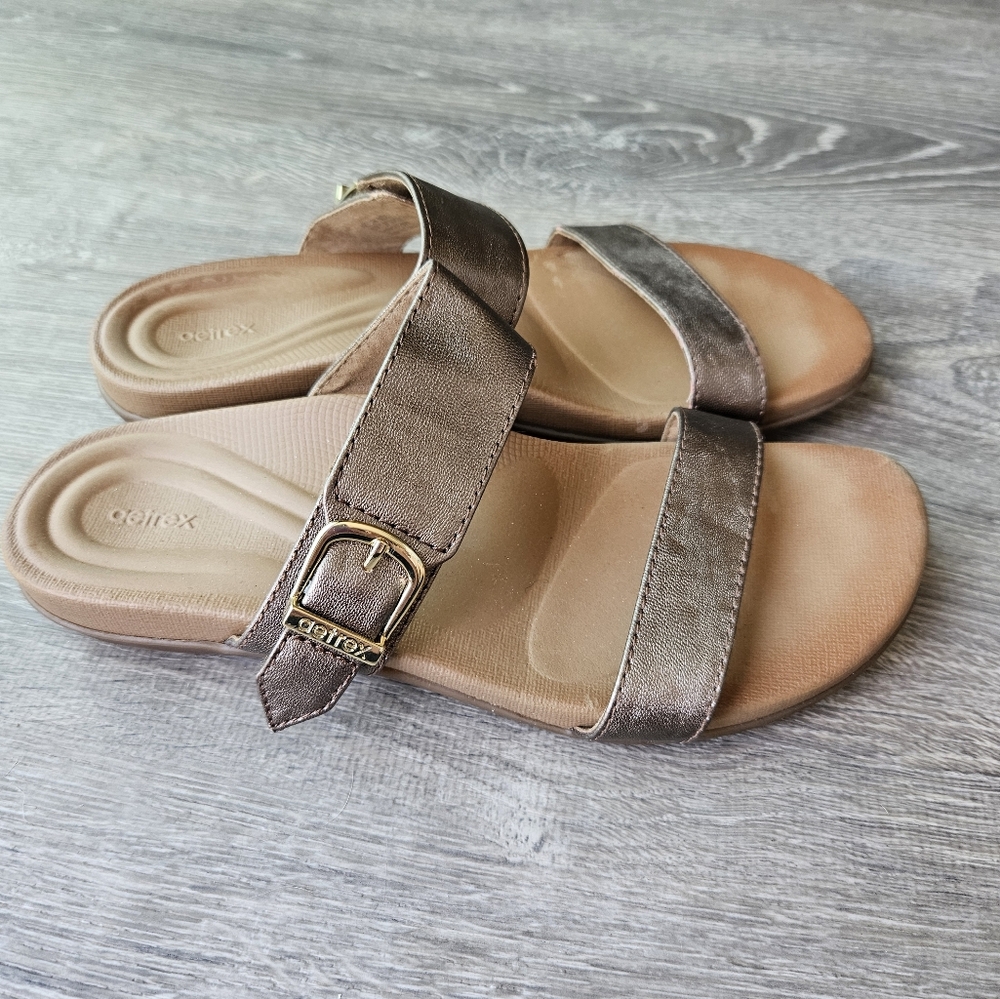 Aetrex Mimi Slide Sandals, Size 37 (US 7), Cognac Brown
